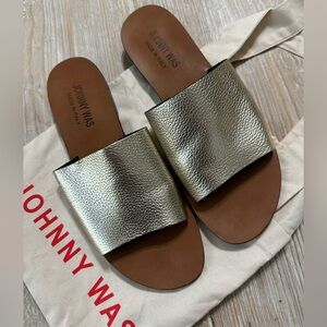 Johnny Was Alessia Genuine Leather Gold Metallic Gold Slide Sandals sz 40